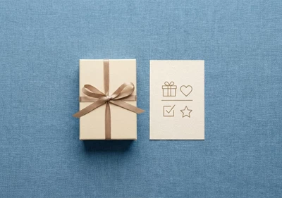A gift box and a handwritten note on a linen background