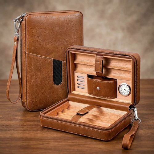 Portable cigar travel case with built-in hygrometer