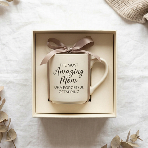 A mug inside a gift box on a blue linen background