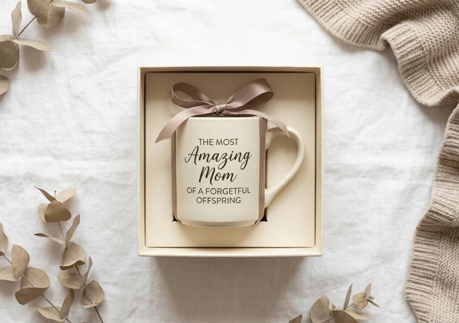 A mug inside a gift box on a blue linen background