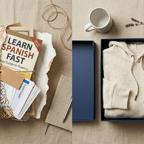 A Spanish learning book and a hoodie on a Linen Background