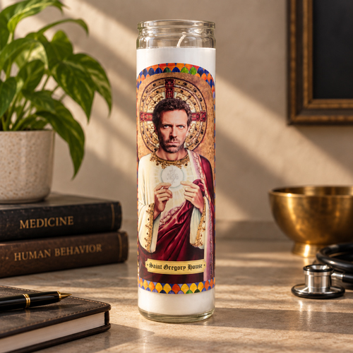 Saint Gregory House prayer candle featuring a humorous religious-style portrait