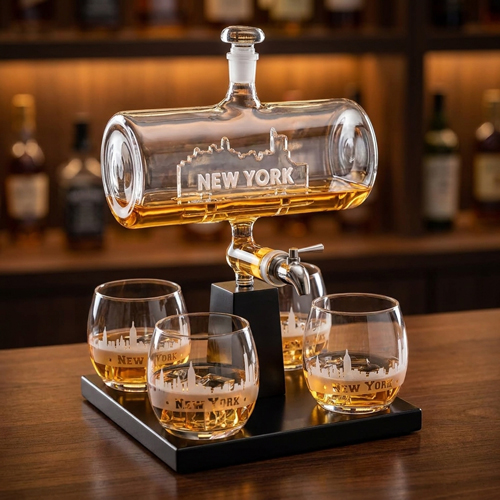 New York whiskey decanter set with four glasses