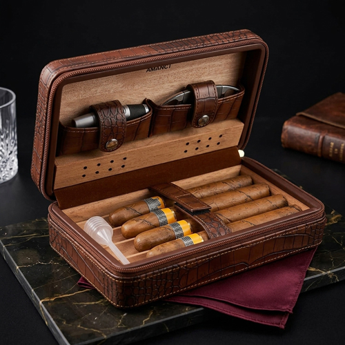 Brown leather cigar travel case with accessories