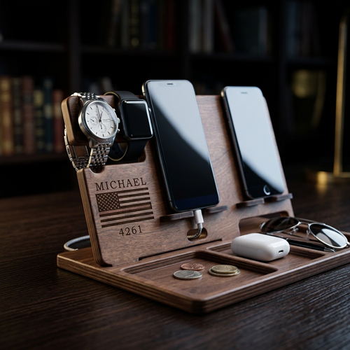 Wooden police-themed docking station with phone and watch holder
