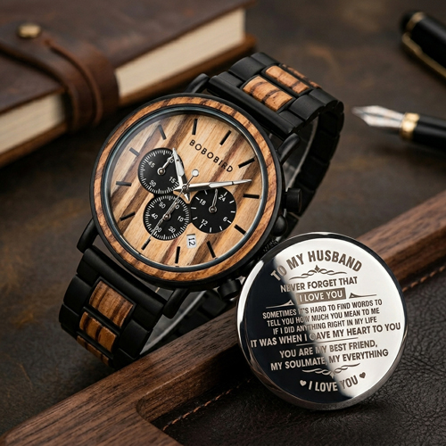 Wooden engraved men's wristwatch with personalized message