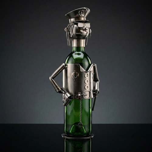 Metal police officer figurine holding a wine bottle