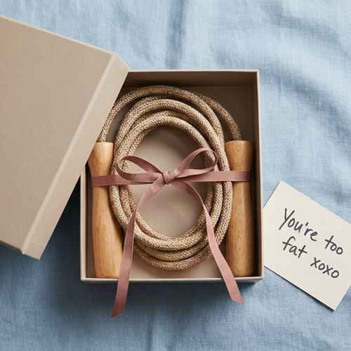 A jump rope inside a gift box on a blue linen background